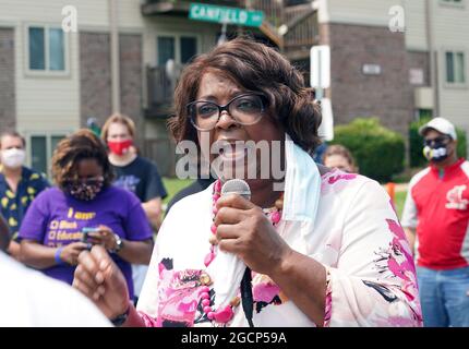 Ferguson, United States. 09th Aug, 2021. Ferguson, Missouri Mayor Ella Jones makes her comments during the seven year anniversary of the shooting death of Michael Brown Jr. in Ferguson, Missouri on Monday, August 9, 2021.Brown Jr. (18) was shot and killed by Ferguson Police officer Darren Wilson in 2014, after an altercation ensued when Brown attacked Wilson in his police vehicle for control of Wilson's gun until it was fired. Photo by Bill Greenblatt/UPI Credit: UPI/Alamy Live News Stock Photo