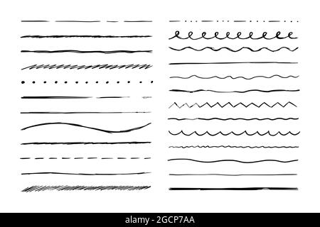 Hand drawn line set. Sketch scribble pencil stroke style. Horizontal wave and zigzag doodle line. Vector illustration for border, frame. Stock Vector
