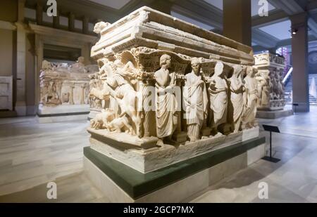 Istanbul, Turkey - January 01, 2021: Interior and exhibits of the main building of the Archaeological Museum in Istanbul Stock Photo