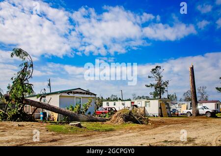 Downed trees are strewn around Twin Oaks Mobile Home Park after Hurricane Michael, Oct. 18, 2018, in Marianna, Florida. Stock Photo