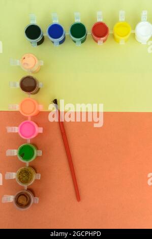 Colors art background. Watercolor paints and paintbrush. knolling concept. Stock Photo