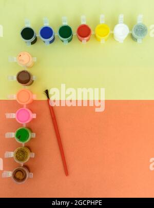 Colors art background. Watercolor paints and paintbrush. knolling concept. Stock Photo