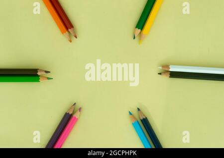 Color pencil background photography. Multi colored pencil pointing image backgrounds. Copy Space Stock Photo