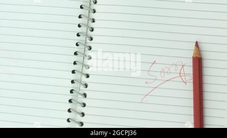 Sorry written on open notebook. Closeup. Mistake learning, blooper, regret sayings in love relationship friendship background. Feelings, apology, reco Stock Photo