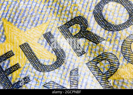 Macro close up of the intaglio print on a five euro banknote, high resolution capture. Sharp detailed shot of the euro character on the ecb 5 euro not Stock Photo