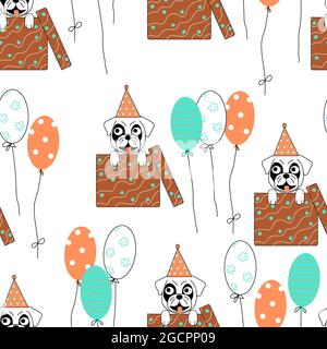 Dog pattern with balloons. Birthday party with pug puppy looks out from gift box and ballons. Repeat texture with dog on white background for party de Stock Vector