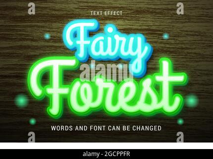 glowing magical forest text effect isolated on wood background Stock Vector