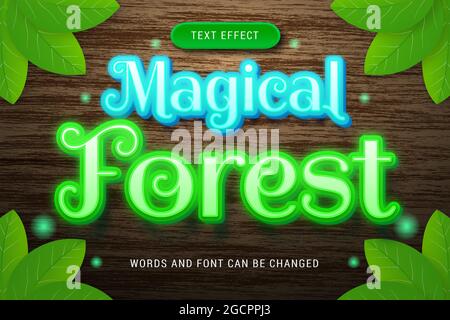 glowing magical forest text effect isolated on wood background Stock Vector