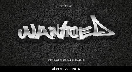 wanted silver text effect isolated on asphalt background Stock Vector
