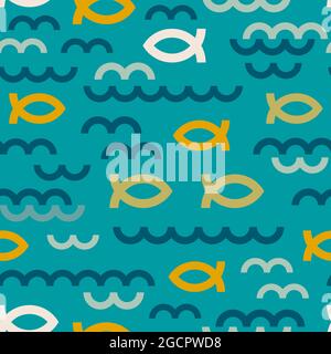 A conceptual design celebrates outdoors adventure, representing water, waves and fish in geometric shapes. Can go on paper, textile or digital items. Stock Vector