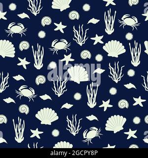 Underwater seamless pattern. Tropical marine wild life corals, shells, crabs and starfishes background. Vector and illustration design. Stock Vector