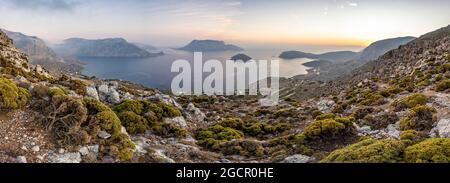 Panorama, View over Kalymnos with islands Kalavros and Telendos, Evening atmosphere, Dodecanese, Greece Stock Photo