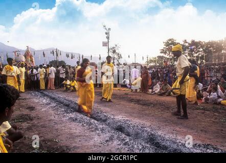 A woman carrying a child on her hip and running on burning coal; Fire walking festival at Vana Badra Kali Amman Temple at Nellithurai near Stock Photo