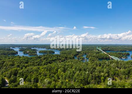 Aerial view over the landscape of the thousand islands, Ontario, Canada near the city of Ottawa. Drone view of the small islands and the forest in the