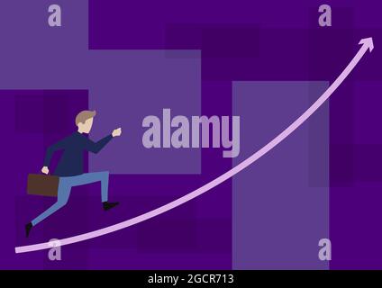 Businessman Drawing Running Upward Holding Briefcase With Arrow Pointing Up. Gentleman Design Sprinting Forward Holds Bag With Indicator Going Upwards Stock Vector