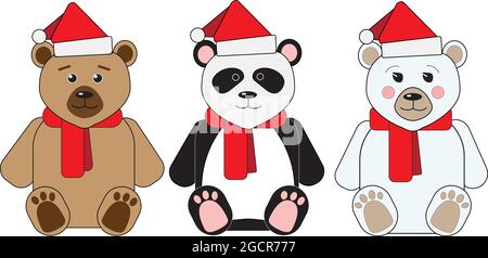 Three funny bears are sitting in red caps Stock Vector