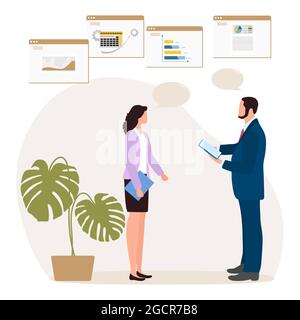 Vector illustration People analyzing data Profession. Employees of the company working, communicating in office. Work. Job. Business professionals. Te Stock Vector