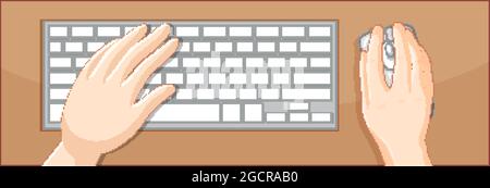 Top view of hands using keyboard and mouse on the table illustration Stock Vector