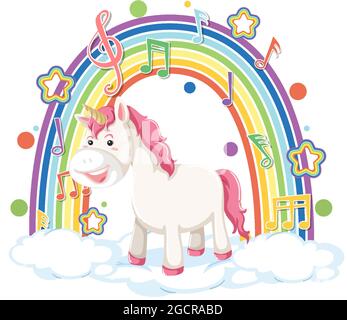 Unicorn standing on the cloud with melody symbols on rainbow wave ...