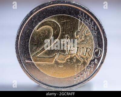 macro photography of a two euro coin. A sharp detailed capture in high resolution of a 2 euro coin of the ecb. The coin from the front side,  a greek Stock Photo