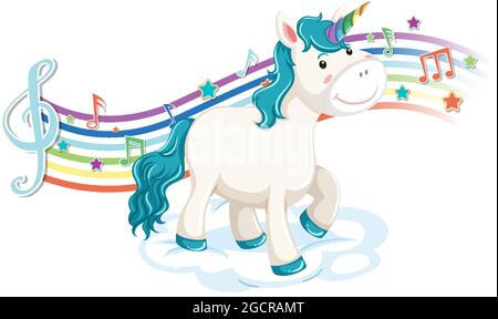 Unicorn standing on the cloud with melody symbols on rainbow wave ...