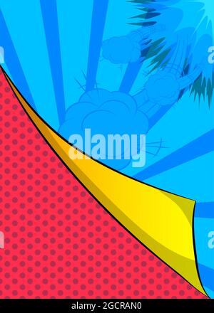 Retro comic background with turning paper corner. Rays and halftone dots, cartoon pop art style wallpaper. Vector illustration, colored template. Stock Vector