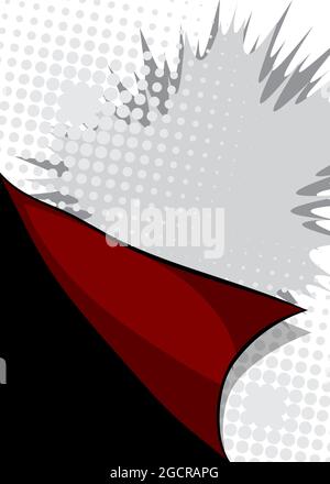 Retro comic background with turning paper corner. Rays and halftone dots, cartoon pop art style wallpaper. Vector illustration, colored template. Stock Vector