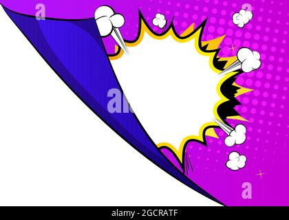 Retro comic background with turning paper corner. Rays and halftone dots, cartoon pop art style wallpaper. Vector illustration, colored template. Stock Vector
