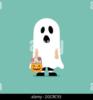Boy with pumpkin basket dressed in ghost costume. Halloween holiday party. Vector illustration Stock Vector