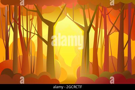 Forest pathway. trees illustration. Dense wild plants with tall, branched trunks. Autumn orange landscape. Flat design. Cartoon style. Vector. Stock Vector