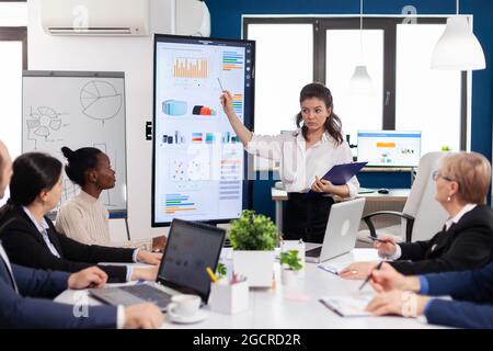 Executive director woman briefing collegues, explaning company strategy during brainstorming. Multiethnical businesspeople working in professional startup financial office during conference meeting Stock Photo