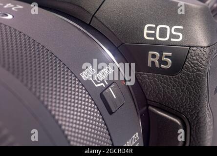 Kuala Lumpur, October 03, 2020: The Canon EOS R5, mirrorless digital photo camera. Close-up on the EOS R5 logo of the latest high end mirrorless camer Stock Photo