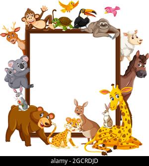 Empty wooden frame with various wild animals in the forest illustration ...