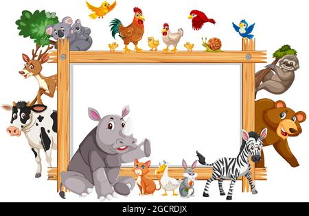 Empty wooden frame with various wild animals illustration Stock Vector ...