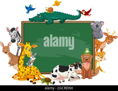 Empty blackboard with various wild animals in the forest illustration ...