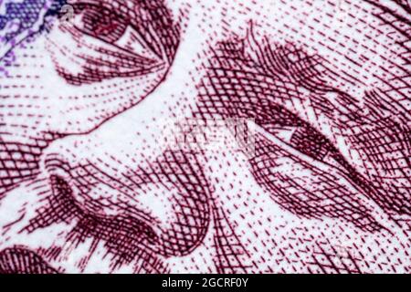 Close up to the eyes on a 100 Ringgit banknote. The portrait of the man on the Ringgit note is Tuanku Abdul Rahman of Negeri Sembilan. The first Agong Stock Photo