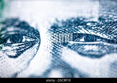 Macro close-up of fifty Ringgit banknote. The eyes of the man on the Ringgit note is Tuanku Abdul Rahman of Negeri Sembilan. The first Agong (king) of Stock Photo