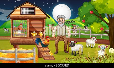 Farm at night scene with old farmer man and farm animals illustration Stock Vector