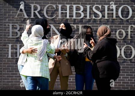Students at Archbishop Blanch School in Liverpool, receive their A-Level results. Picture date: Tuesday August 10, 2021. Stock Photo