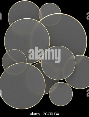 Frost heavy transparent glass circles on the black. 3d rendering illustration. Nice geometric trendy design for wallpaper or phone background.  Blank Stock Photo