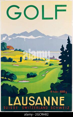 Vintage Travel Poster Lausanne, GOLF - Switzerland, Suisse, Swiss, Schweiz. Retro advertisement. Anonymous artist. 1936. Stock Photo