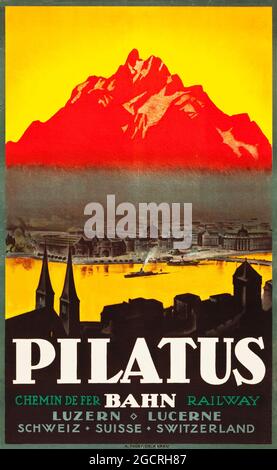 Lucerne, Switzerland Travel Poster (Bahn Railway, 1920s). Poster ”Pilatus”. Vintage Travel Poster Switzerland, Suisse, Swiss, Schweiz. Stock Photo