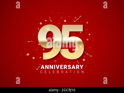 95 anniversary background with golden numbers, confetti, stars on bright red holiday background. Vector Illustration EPS10 Stock Vector