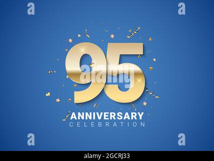95 anniversary background with golden numbers, confetti, stars on bright blue background. Vector Illustration EPS10 Stock Vector