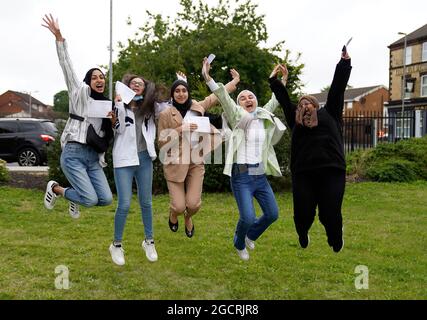 Students at Archbishop Blanch School in Liverpool, after they receive their A-Level results. Picture date: Tuesday August 10, 2021. Stock Photo