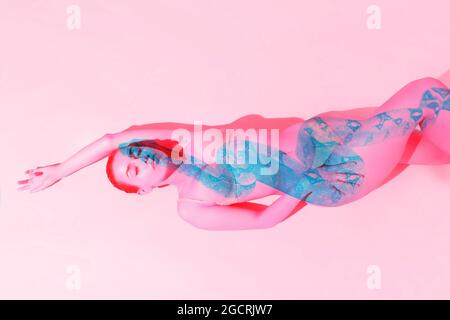 Artwork with adorable slim woman and silhouette of snake isolated over pink background with glitch effect. Concept of beauty, fashion, aspiration Stock Photo
