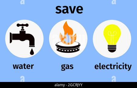 Utilities, save natural resources. Vector set of images of electricity, gas and water. Stock Vector