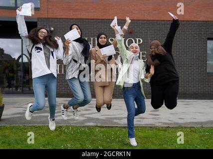 Students at Archbishop Blanch School in Liverpool, after they receive their A-Level results. Picture date: Tuesday August 10, 2021. Stock Photo