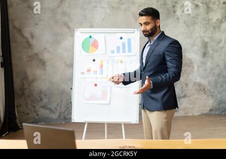 Online webinar concept. Confident Indian male colleague stands near whiteboard in front of laptop and talking online with employees, involved in brainstorm with work team on the distance Stock Photo
