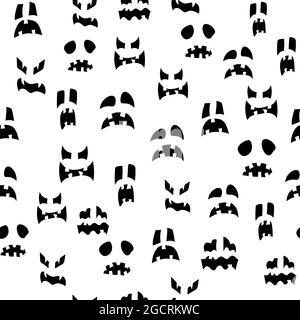 Scary pumpkin faces seamless pattern. Glowing Lantern Jack holiday print design. Stock Vector
